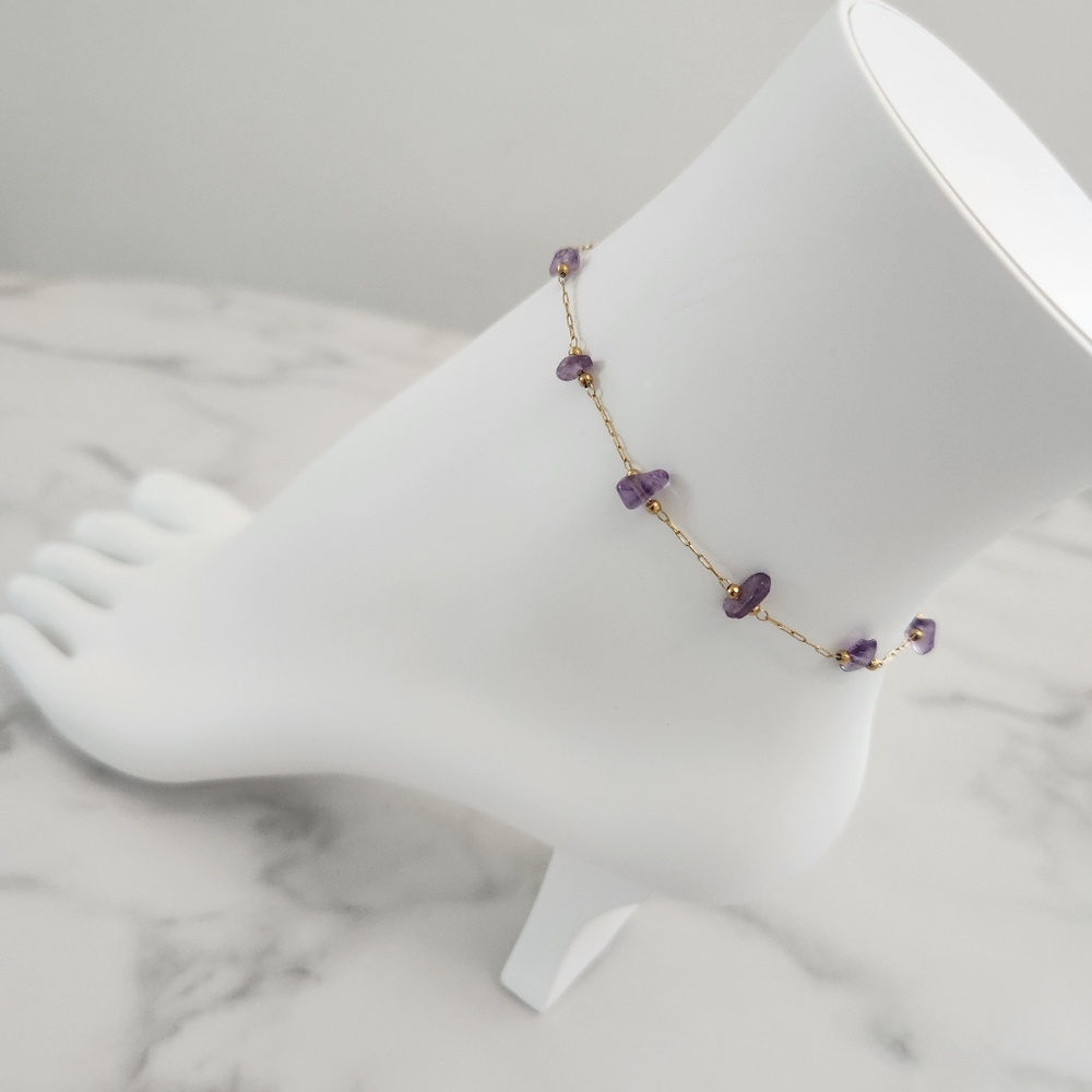 Minimalist Purple Dainty Stones 18K Gold Plated Anklet - Picture 4 of 15